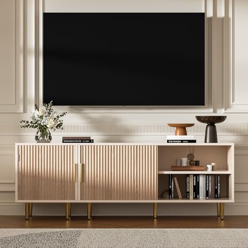 Housoul Combined Modern TV Stand for 55/60/65 inch TV, Small Entertainment Center with Adjustable Shelf, TV Media Stand with Storage Cabinet, TV Console with Gold Legs for Living Room, Bedroom, Oak - color: Oak, size: 55" L