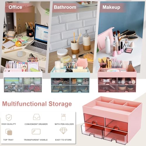 Meiikun Desk Organizer, Office Organizer with Drawer, Desk Accessories & Workspace Organizers, Pen Holder Office Supplies for Desk (4 Drawers+4 Compartments, Pink) - color: 4 Compartments + 4 Drawer (Pink)