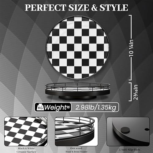 10.2-Inch Black & White Checkerboard Lazy Susan Organizer – Rotating Serving Tray with Oak Base, Iron Frame, & Ceramic Tile –Perfect for Dining Table, Kitchen Cabinet, Bathroom Countertop, Home Décor