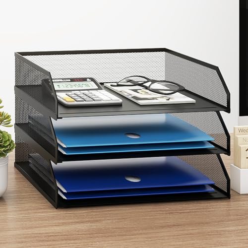 Natwind 3-Tier Stackable Paper Tray, Metal Mesh Desktop Organizer, A4 Paper Sorter, Letter Trays,File Folder Sorter Organizer with Sliding Tray for Home, Office, School (Black) - size: 3 Tier
