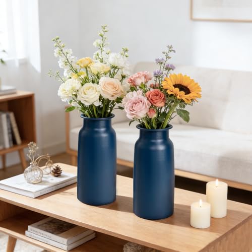 Set of 2 Navy Blue Seamless Metal Flower Vase, 10.8" Tall Modern Matte Blue Floral Vase Pair, Shatterproof Leakproof, Sophisticated Home Decor Centerpiece for Table, Mantle, Shelf - color: Dark Blue