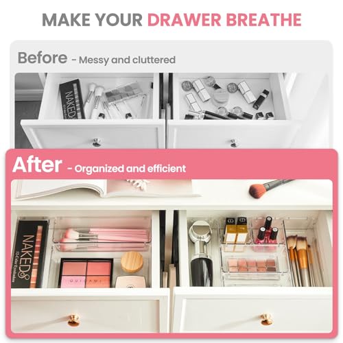 HOUSE DAY Makeup Drawer Organizer Trays 24 PCS, 4-Size Clear Drawer Organizers with Silicone Pads, Vanity Organizers and Storage, Non Slip Plastic Drawer Organizer for Desk, Bathroom, Kitchen, Office - size: 24 Pcs