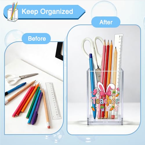 Teacher Acrylic Organizer Pencil Pen Holder, Easter Bunny Makeup Brush Storage Organizer, Easter Desk Accessories Holder for Women Coworker Teacher Educator Mentor Principal Bunny Lovers - style: Teacher A