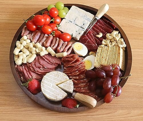 Acacia Wood Round Serving Tray, 13.8" Charcuterie Board with Rim, Decorative Centerpiece for Ottoman, Coffee Table, Couch, Kitchen Island, Round Serving Platter, 1 Pack