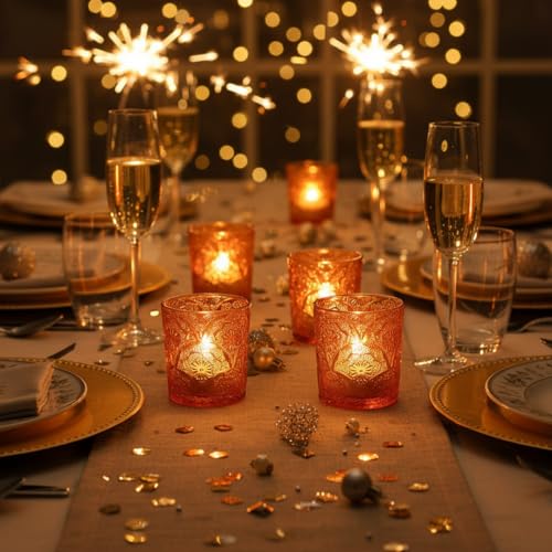 12 Pack Mandala Embossed Glass Candle Holders – Votive Tealight Holders with Patent Design, Decorative Embossed Glass Cups for Wedding Centerpieces, Parties, and Home Décor (Pumpkin Spice) - color: Pumpkin Spice