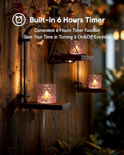 Homemory 2" x 2" Acrylic Votive Candle Holders with Auto Timer Flameless Led Tealight with, Battery Powered Fake Electric Candles for Wedding Centerpiece, Table, Christmas Decor (12Pack, Pink Base) - color: Pink, size: 12 Pack