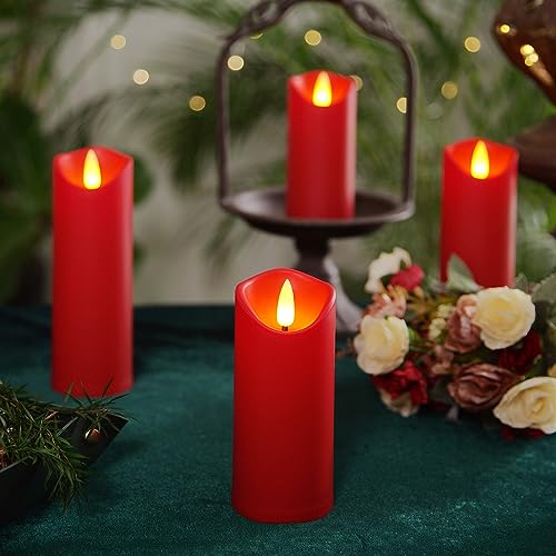 Homemory Christmas Flameless Candles, Battery Operated Candles with Remote Timers, Electric Fake Candles for Home, Christmas Decoration, Made of Plastic, Red/Burgundy, Set of 9 - color: Burgundy