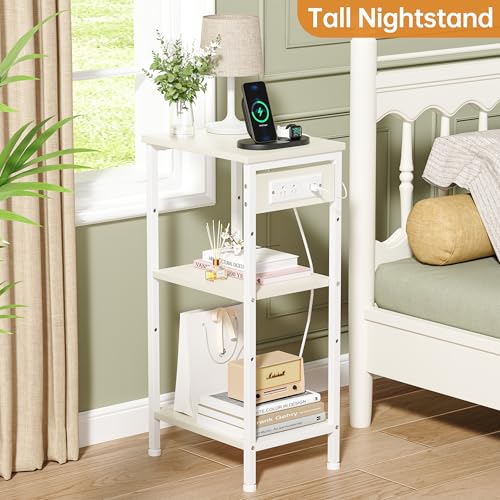 Asgolion Tall End Table with Charging Station, 3 Tier Narrow Tall Nightstand with Storage, Slim Side Table for Bedroom, Living Room, Nursery, Office, Cream White - color: Cream White, style: With Outlet
