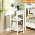 Asgolion Tall End Table with Charging Station, 3 Tier Narrow Tall Nightstand with Storage, Slim Side Table for Bedroom, Living Room, Nursery, Office, Cream White - color: Cream White, style: With Outlet