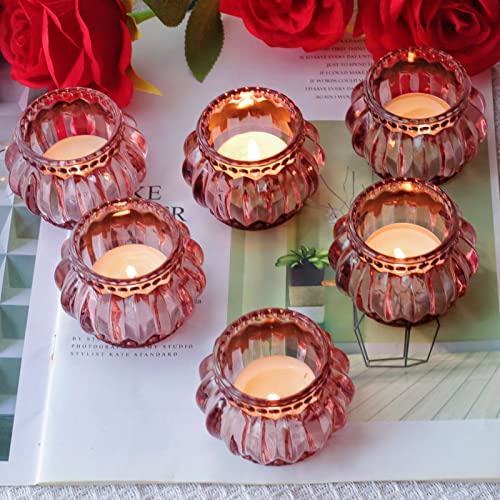 Woho Rose Gold Tealight Candle Holder Set of 6 for Valentines Day Decor, Glass Tea Lights Candle Holder for Wedding Party, Votive Candle Holders for Table Centerpiece - color: Rose Gold