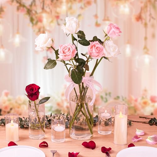 12pcs Clear Glass Cylinder Vases, 4, 6, 7.5, 10 Inch Tall Cylinder Vases for Centerpieces,Glass Flower Vase Hurricane Floating Candle Holder Vase for Wedding, Table Shelf, Party,Home Decor,Gift