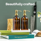 Vine Creations Amber Glass Soap Dispenser Set, Kitchen Soap Dispenser Set with Ceramic Tray, 16 oz Dish Soap and Hand Soap Dispensers with Stainless Steel Pump Decor (Amber Bottle/Brushed Brass) - color: Amber Bottle / Brushed Brass Pump