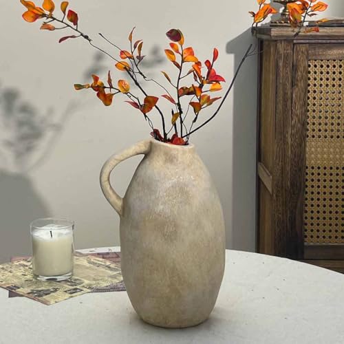 Vintage Handmade Ceramic Rustic Farmhouse Vase with Handle, Beige Terracotta Pottery Vase for Home Decor, Farmhouse Flower Vase for Living Room, Kitchen, Office Centerpiece, 10.3 Inch - color: Beige