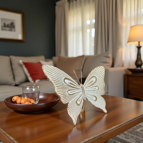 Dwelloria Gold Butterfly Sculpture Decor, Elegant Metal Look Butterfly Desktop ornaments, Modern White & Gold Butterfly Home Accent for Living Room, Bedroom, Entryway, Nature Inspired Decorative Ornament