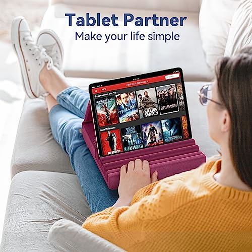 KDD Tablet Pillow Holder, Foldable iPad Stand for Lap, Bed and Desk -Tablet Soft Pad Dock with Pocket & Stylus Mount Compatible with iPad Pro 12.9, 10.5, 9.7 Air Mini 6 5 4 3, Galaxy Tab, E-Reader - color: Purple