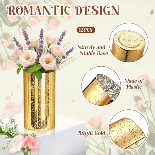 12 Pcs Gold Cylinder Vases for Centerpieces Mercury Vase Hurricane Vase Bulk Acrylic Round Wide Container for Flowers Home Office Wedding Table Decorations (4''/6''/8'') - color: Gold, size: 4''/6''/8''