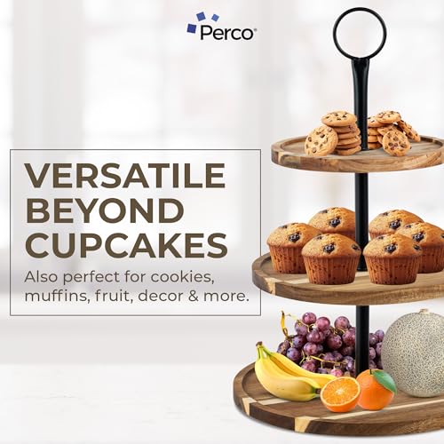 Perco 3 Tier Wooden Cupcake Stand, Acacia Wood Tiered Display Stand for 20 Cupcakes – Rustic Dessert Table Display Set, Tiered Serving Tray for Weddings, Birthdays, Baby Showers & Events - color: Acacia Wood
