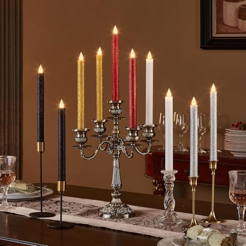 Flameless Taper Candles Flickering with Remote and Timer, 3D Moving Flame Taper Candle Battery Operated to 400 Hours, 9 Inch Window Candles, (Glitter Black) - color: Glitter Black
