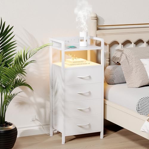 Lazzanto Night Stand Bedside Charger Bedroom - Nightstand with Charging Station, 2 U-S-B Ports & 2 AC Outlets, Tall Bed Side Table with LED Light Strip, Storage Shelf & 4 Fabric Drawers, White - color: White, size: 4 Drawers