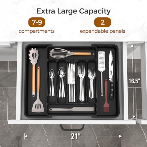 ukeetap Extra Large Expandable Silverware Organizer, BPA-Free Food-Safe Cutlery Flatware Organizer, Kitchen Utensil Drawer Organizer, Adjustable Silverware Holder for Spoons Forks Knives, Black - color: Black