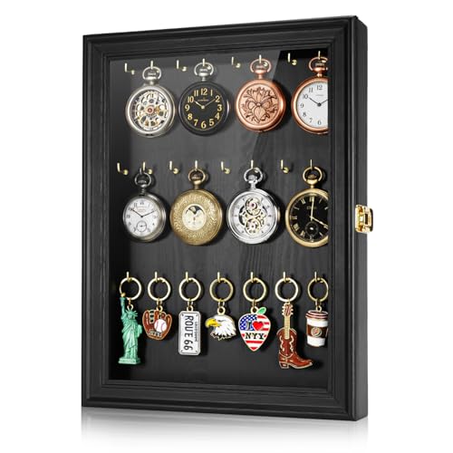 Pocket Watch Display Case, Elegant Keychain Display Stand with 24 Metal Hooks, Wall Mount Display for Pocket Watch Collectors, Unique Gift for Watch Lovers
