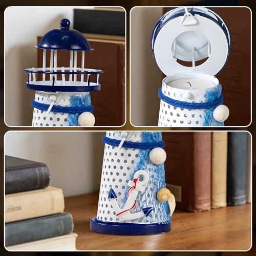 Set of 3 Mediterranean Style Tin Lighthouse Candle Holders - Blue & White Nautical Lighthouse Decor with Seagull, Sailboat & Anchor Designs, Coastal Tabletop Ornaments for Home Decor - color: Blue