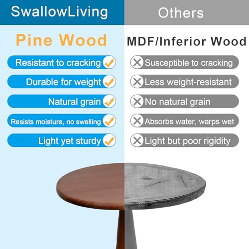 SwallowLiving Round Pedestal Side Table – Solid Pine Wood Drink Table for Small Spaces, 25" Tall Narrow End Table for Living Room & Bedroom, Vintage Brown Accent Furniture (12" Diameter) - color: Brown Spindle