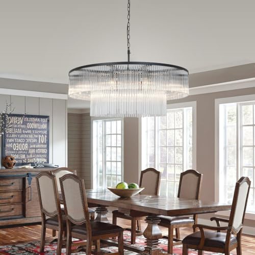 Contemporary Black Chandeliers, 2-Tier Dining Room Glass Chandelier Lighting 10 Lights Round Chandelier for Living Room Foyer Entryway Ceiling Hanging Pendant Light Fixture 32" - size: Medium Black (32" x 70")