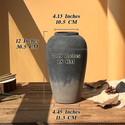 12 Inch Rustic Ceramic Vase, Black Flower Vases for Centerpieces, Farmhouse Decor for Living Room, Entryway & Kitchen, Vintage Pottery Vase for Wedding Gifts - color: Black, size: Small