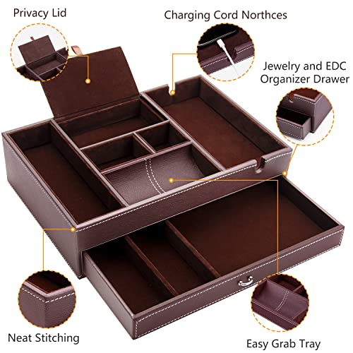 Baoyun Valet Tray for Men, 2 Layers Nightstand Organizers for Men and Women, Leather Jewelry Storage Box, Mens Dresser Top Organizer, Catch All for Jewelry Key Wallet and Phone (Brown) - color: Double-deck Brown