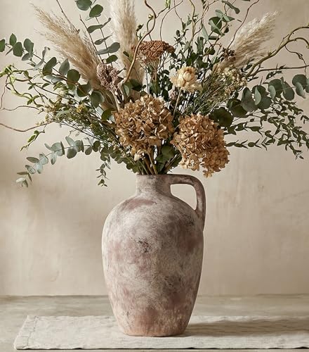 Ceramic Flower Vase with Handles,10" Neutral Tall Clay Terracotta Vases Farmhouse Table Vases with Handle Living Room Decor Rustic Pottery Pots for Home Shelf Coffee Dining Desk Fireplace - color: C-10"h-terracotta