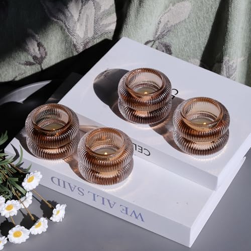 Woho Ribbed Votive Candle Holders Set of 6 for Wedding Table, Amber Tealight Candle Holder Glass for Home Decor, Vintage Tea Lights Candle Holder for Thanksgiving/Fall Decor(Brown, 2.1" H X 2.75" D) - color: Brown