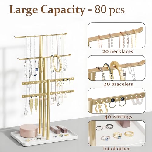 pickpiff Jewelry Stand Holder Organizer: 14.5" Sturdy Hanger for 80 Pcs Jewelry, Gift for Women, Gold Jewlery Tower for Necklace, Earring, Bracelet - color: Gold, size: 14.5" Height