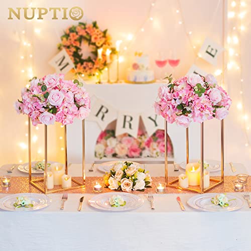 NUPTIO Gold Metal Rectangular Vase, 2 Pcs 15.75 inches Tall, Elegant Floral Centerpiece for Wedding, Housewarming, Mother's Day, Birthday, Anniversary, Party Decorations - size: 15¾ inch Tall