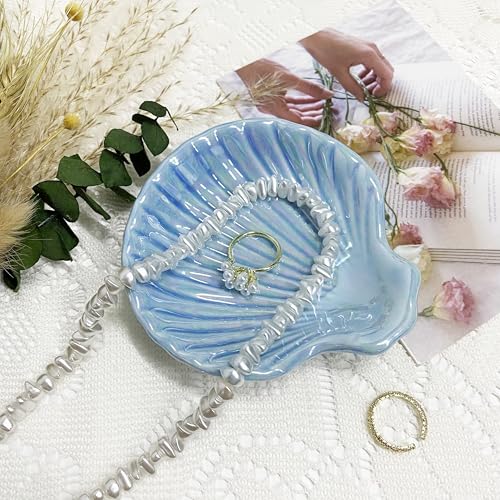 Shell Jewelry Dish Tray for Women, Ceramic Seashell Jewelry Ring Holder Dish, Jewelry Plate Trinket Dish for Necklace, Earring, Ring, Mother's Day Christmas Gift, 3.9", Sky Blue Iridescent Surface - color: Sky Blue