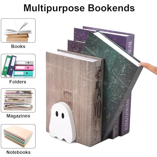 JarThenaAMCS 2Pcs Halloween Wood Bookends White Ghost Shape Wooden Book Stands Cute Ghost Non Skid Book Stoppers for Heavy Books Home School Office Library
