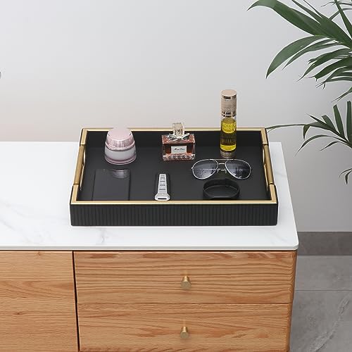 Wooden Structure Leather Decorative Coffee Table Square Tray, Farmhouse Counter PU Tray - Room Serving Trays, Brushed Champagne Gold Handle (Black) - color: Black