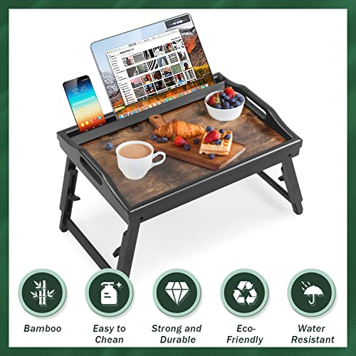 2 Pack Bed Tray Table Breakfast Trays Serving Tray Adjustable Height for Eating Bamboo Bed Laptap Floding Legs with Handles and Phone Holders - style: 2 pack(Adjustable height)