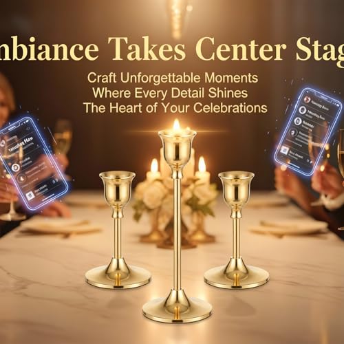 3 Pcs Bell-Shape Gold Candlestick Holders - 7" & 4.7" Tall Taper Candle Holders for Elegant Table Centerpiece and Home Decor