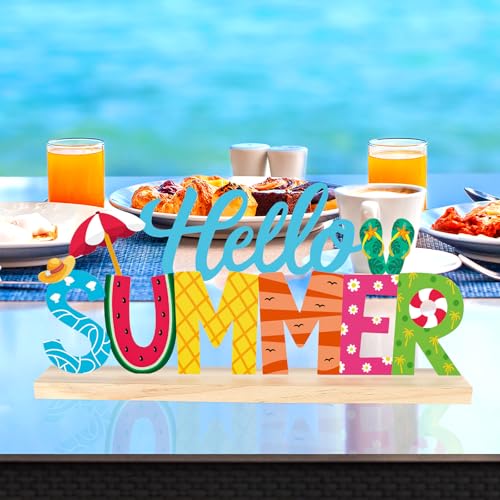 COCHIE Metal Hello Summer Sign, Summer Decorations for Home, Office, Shelf, Mantel, Indoor, Beach Slippers Tabletop Centerpiece Decoration, Watermelon Red Decor (Beach) - style: Beach