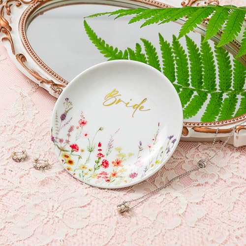 Crisky Bride Jewelry Ring Dish for Bridal Shower Wedding Gifts Engagement Gifts for Bride to Be Bachelorette Bridal Party, Fiance Gifts for Women Floral Trinket Tray - style: Wedding Bride