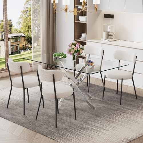 5 Piece Rectangular Glass Dining Table Set, 63'' Modern Kitchen Table Set Silver Base with 4 Minimalism White Boucle Dining Chairs, Dining Table and Chairs for Home, Apartment - color: Silver+white Chairs, size: 63'' + 4 Chairs
