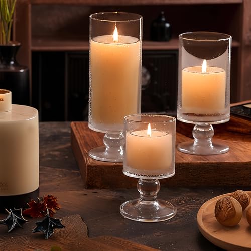 3 Pcs Wedding Glass Candle Holder - 6" 8" 9" Clear Hurricane Stemmed Terrarium Pillar Candle Floating Tealights Flower Vase Centerpiece Holiday Decoration for Home Party