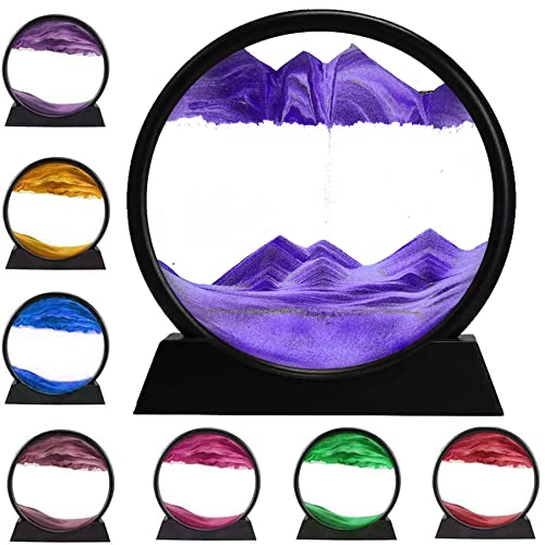 rysnwsu 3D Dynamic Sand Art Liquid Motion, Moving Sand Art Picture Round Glass 3D Deep Sea Sandscape in Motion Display Flowing Sand Painting Relaxing Desk Toys (Purple, 12'') - color: Purple, size: 12''