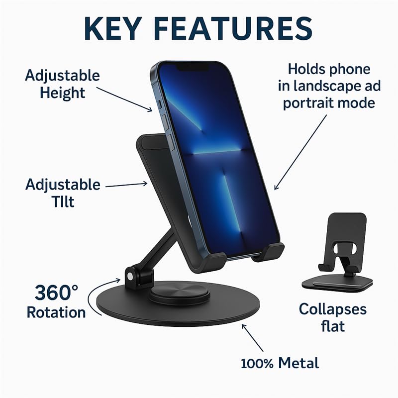 Uncaged Ergonomics 360° Swivel Rotating Adjustable Phone Stand for Desk, Portable & Foldable Cell Phone Stand for Desk, Compact Mobile Stand for Tabletop, Office, Kitchen & Bedroom (Black) - color: Black