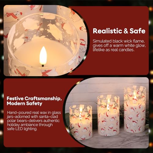 Eywamage Christmas Glass Flameless Pillar Candles with Remote, Flickering LED Battery Candles Bear Holiday Winter Table Decor Gift Set of 3 - color: Bear