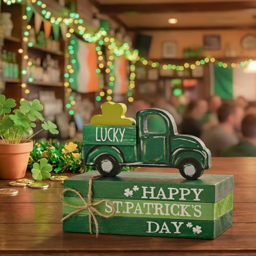 Smile St.Patrick's Day Wooden Book Stack Decor Green Shamrock & Lucky Truck Design, Freestanding Tabletop Shelf Wood Sign for Home Office - style: St Truck