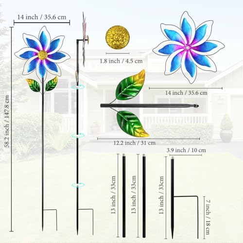 14'' Wind Spinners Outdoor, Flower Metal Garden Wind Spinners Outdoor, Kinetic Wind Sculptures & Spinners for Yard Garden Lawn Decor (Blue) - size: 14'' Blue