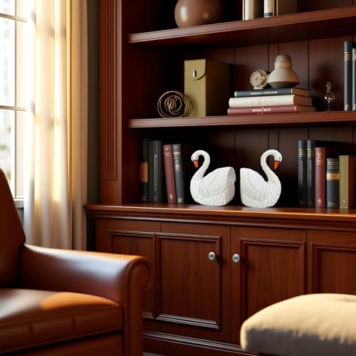 SSwan Book Ends Decorative Bookends for Shelves, Elegant Swan Bookends for Bookshelf Decor, Animal Decorative Book Stoppers for Home Office - color: Swan-white