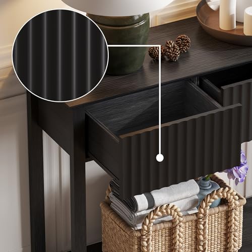 Treocho 47" Fluted Console Table with 3 Drawers, Narrow Long Entryway Table with Storage and Shelf, 2-Tier Sofa Table Behind Couch Accent Tables for Entrance Foyer, Hallway, Living Room, Black - color: Black
